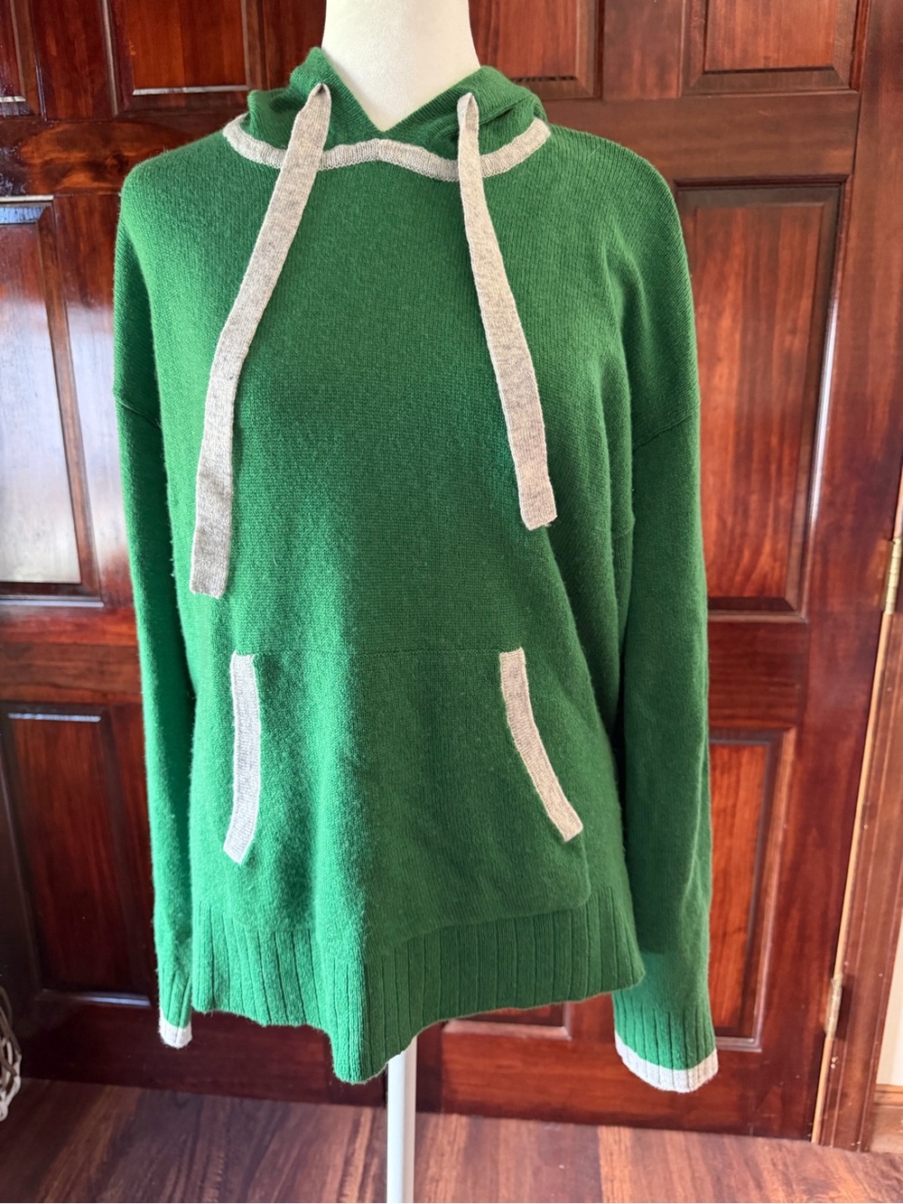 Hannah Rose Green Knit Hoodie with Cream Accents